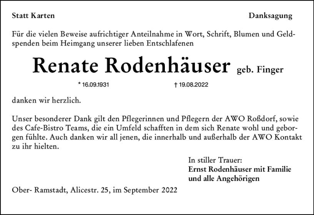  Traueranzeige für Renate Rodenhäuser vom 17.09.2022 aus vrm-trauer Darmstädter Echo