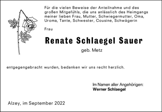 Traueranzeige von Renate Schlaegel Sauer von vrm-trauer Allgemeine Zeitung Alzey