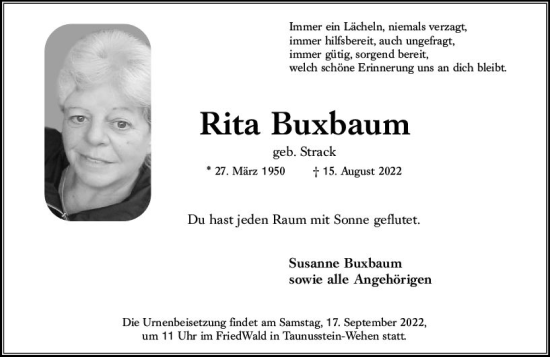Traueranzeige von Rita Buxbaum von vrm-trauer Wiesbadener Kurier