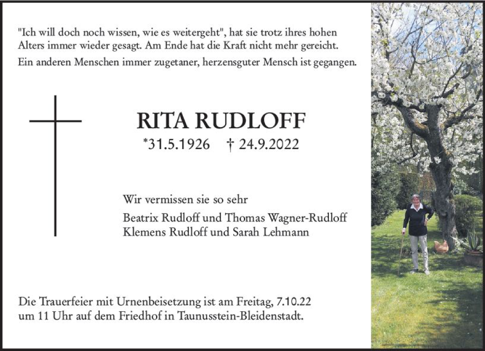  Traueranzeige für Rita Rudloff vom 01.10.2022 aus vrm-trauer Wiesbadener Kurier