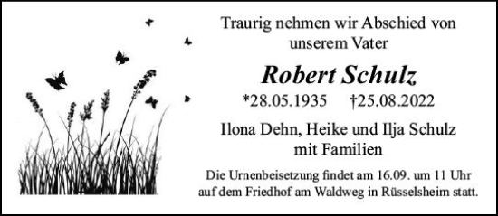Traueranzeige von Robert Schulz von vrm-trauer Rüsselsheimer Echo / MainSpitze