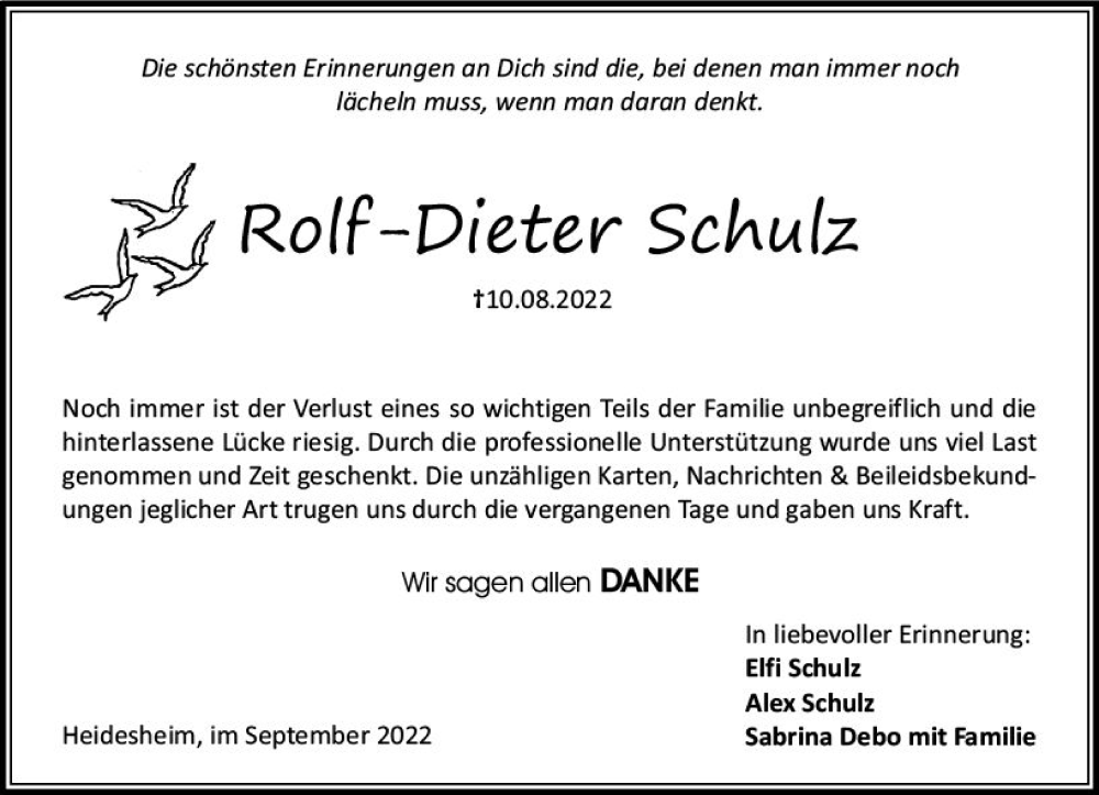 Traueranzeige für Rolf-Dieter Schulz vom 03.09.2022 aus vrm-trauer AZ Mainz