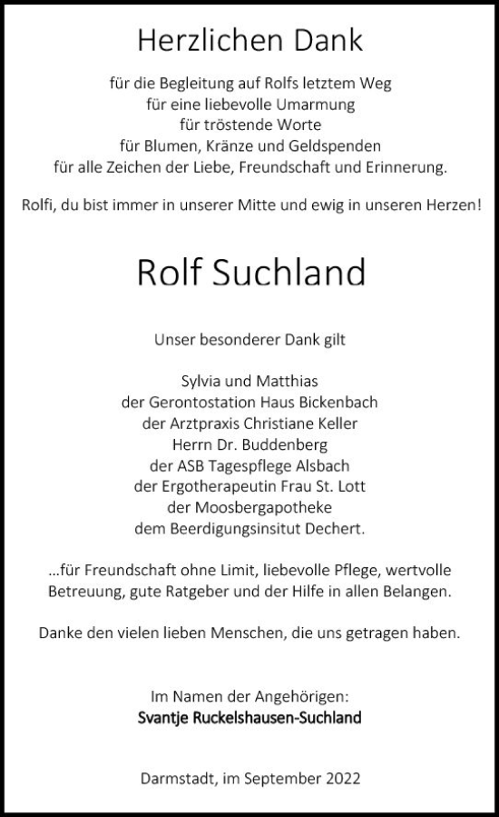 Traueranzeige von Rolf Suchland von vrm-trauer Darmstädter Echo