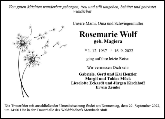 Traueranzeige von Rosemarie Wolf von vrm-trauer AZ Mainz