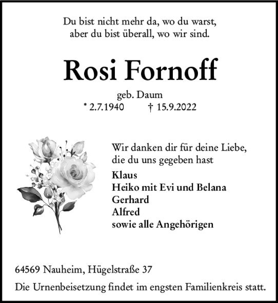  Traueranzeige für Rosi Fornoff vom 24.09.2022 aus vrm-trauer Rüsselsheimer Echo / MainSpitze