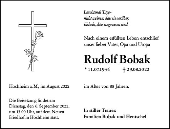 Traueranzeige von Rudolf Bobak von vrm-trauer Hochheimer Zeitung