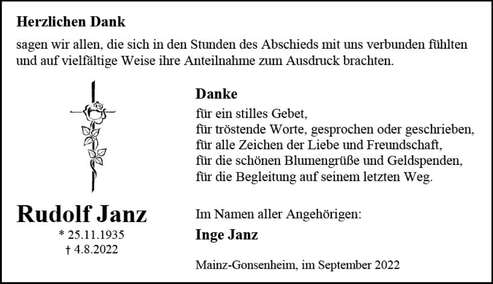  Traueranzeige für Rudolf Janz vom 03.09.2022 aus vrm-trauer AZ Mainz