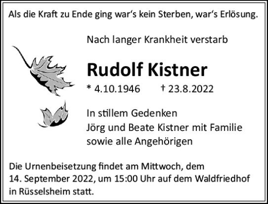 Traueranzeige von Rudolf Kistner von vrm-trauer Rüsselsheimer Echo / MainSpitze