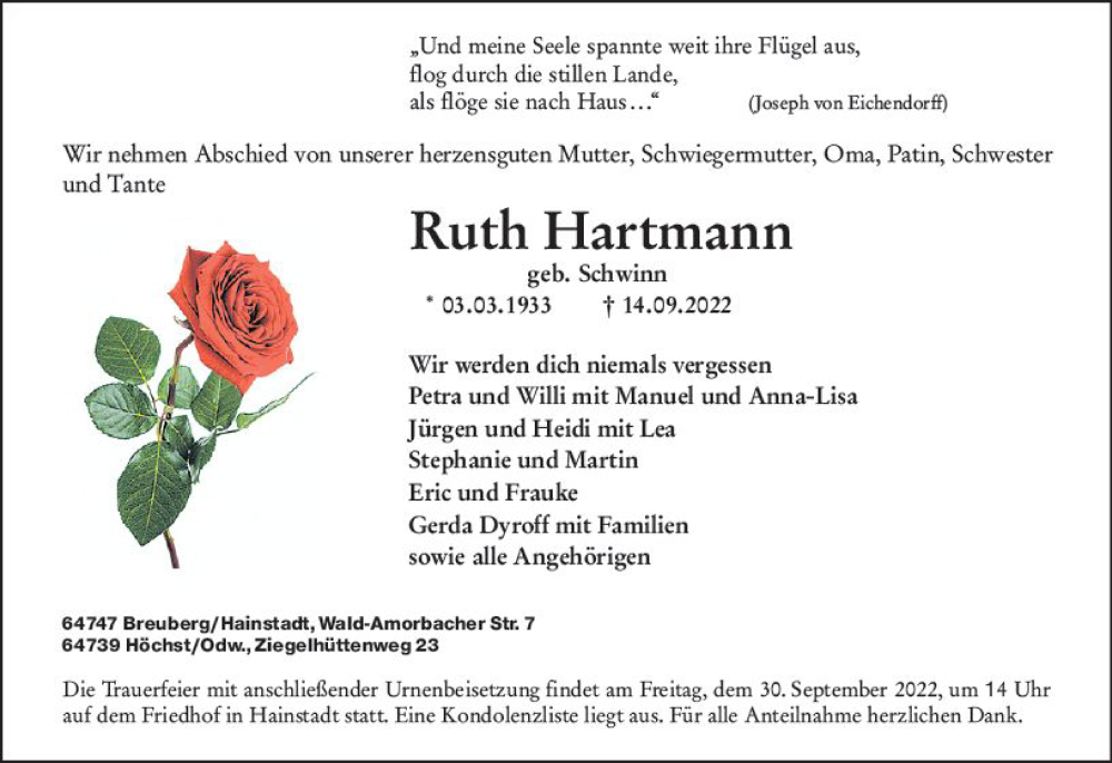  Traueranzeige für Ruth Hartmann vom 24.09.2022 aus vrm-trauer Odenwälder Echo