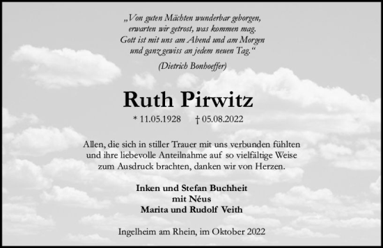 Traueranzeige von Ruth Pirwitz von vrm-trauer Allgemeine  Zeitung Ingelheim-Bingen
