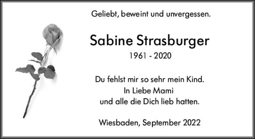  Traueranzeige für Sabine Strasburger vom 01.10.2022 aus vrm-trauer Wiesbadener Kurier