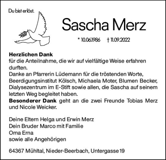 Traueranzeige von Sascha Merz von vrm-trauer Darmstädter Echo