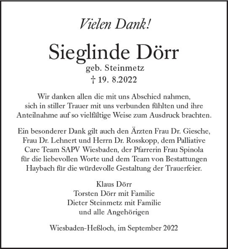  Traueranzeige für Sieglinde Dörr vom 17.09.2022 aus vrm-trauer Wiesbadener Kurier