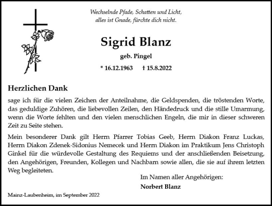 Traueranzeige von Sigrid Blanz von vrm-trauer AZ Mainz