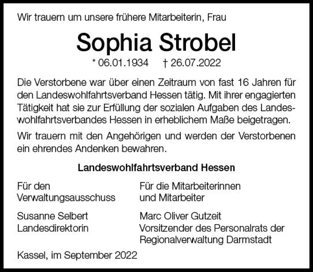  Traueranzeige für Sophia Strobel vom 22.09.2022 aus vrm-trauer DieburgerAnzeiger/Groß-Zimmerner Lokala