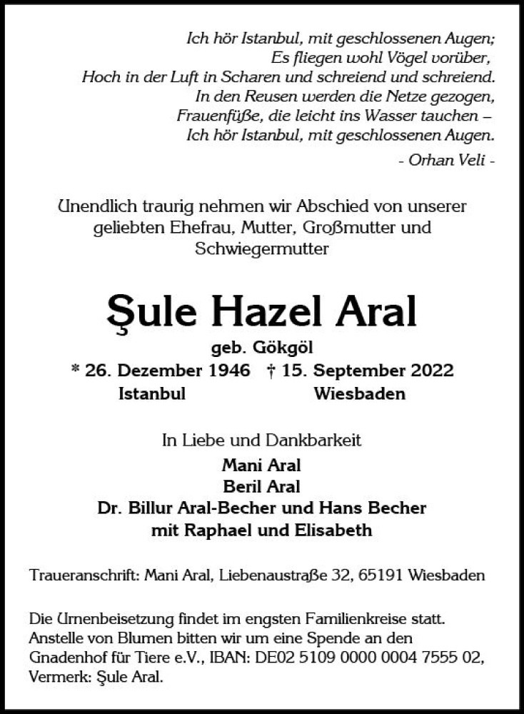  Traueranzeige für Sule Hazel Aral vom 24.09.2022 aus vrm-trauer Wiesbadener Kurier