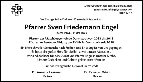 Traueranzeige von Sven Friedemann Engel von vrm-trauer Darmstädter Echo