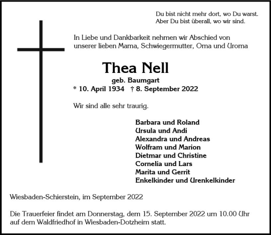 Traueranzeige von Thea Nell von vrm-trauer Wiesbadener Kurier