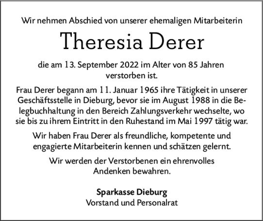  Traueranzeige für Theresia Derer vom 27.09.2022 aus vrm-trauer DieburgerAnzeiger/Groß-Zimmerner Lokala