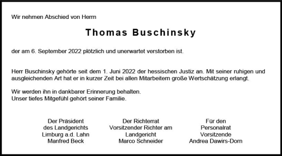 Traueranzeige von Thomas Buschinsky von vrm-trauer Allgemeine  Zeitung Ingelheim-Bingen