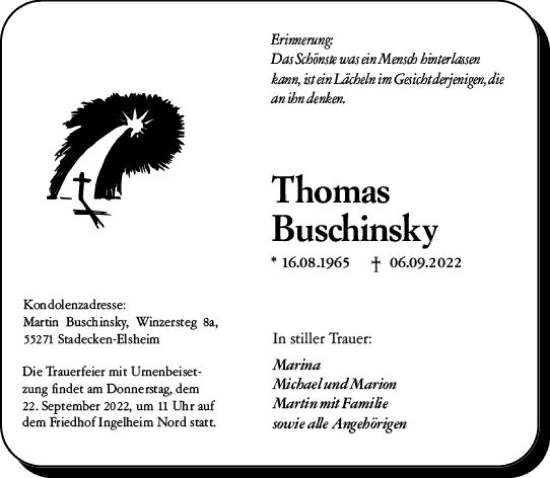 Traueranzeige von Thomas Buschinsky von vrm-trauer Allgemeine  Zeitung Ingelheim-Bingen