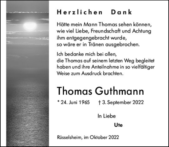Traueranzeige von Thomas Guthmann von vrm-trauer Rüsselsheimer Echo / MainSpitze