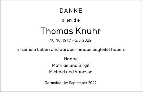Traueranzeige von Thomas Knuhr von vrm-trauer Darmstädter Echo