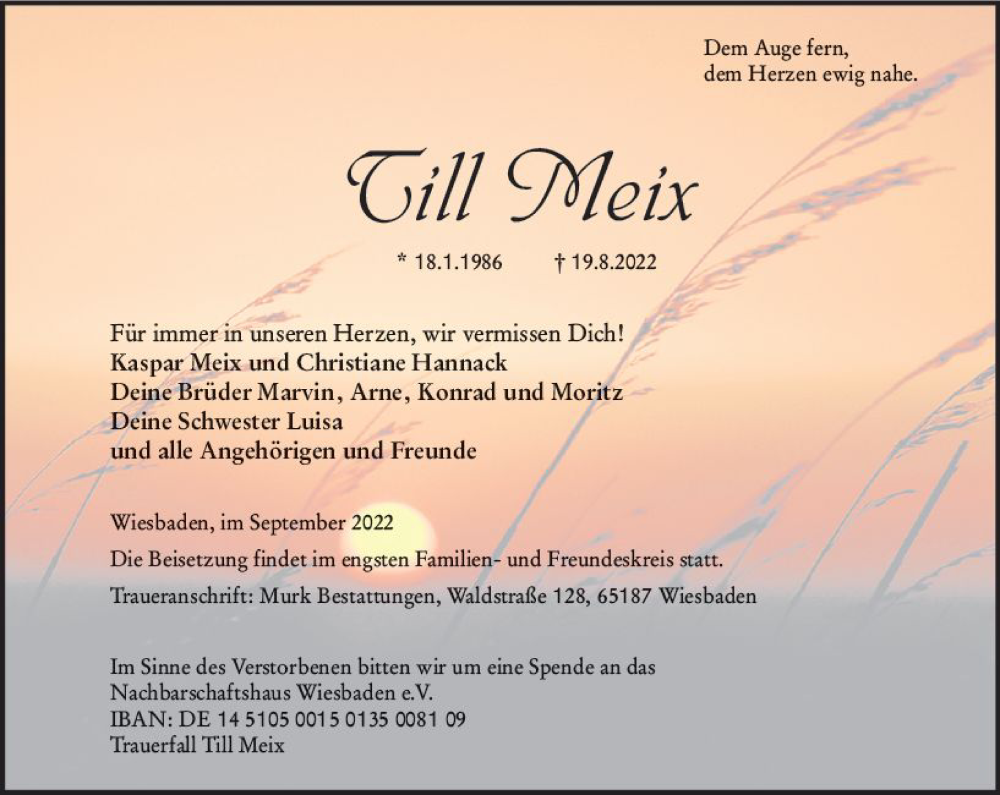  Traueranzeige für Till Meix vom 10.09.2022 aus vrm-trauer Wiesbadener Kurier