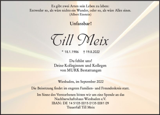 Traueranzeige von Till Meix von vrm-trauer Wiesbadener Kurier