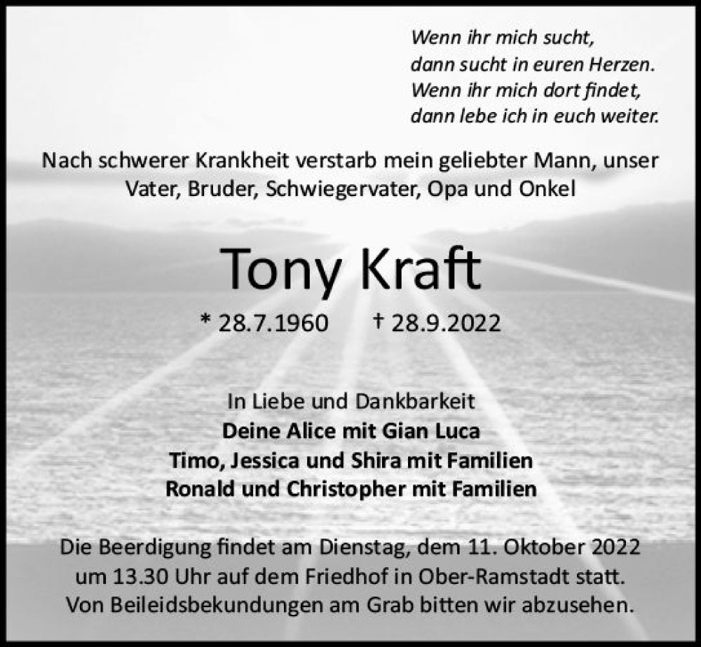  Traueranzeige für Tony Kraft vom 01.10.2022 aus vrm-trauer Darmstädter Echo