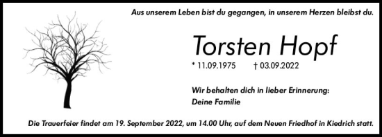 Traueranzeige von Torsten Axel Hopf von vrm-trauer Wiesbadener Kurier