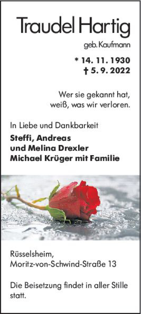 Traueranzeige von Traudel Hartig von vrm-trauer Rüsselsheimer Echo / MainSpitze