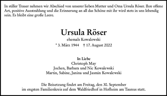 Traueranzeige von Ursula Röser von vrm-trauer Darmstädter Echo