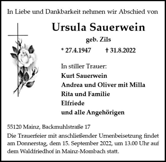 Traueranzeige von Ursula Sauerwein von vrm-trauer AZ Mainz