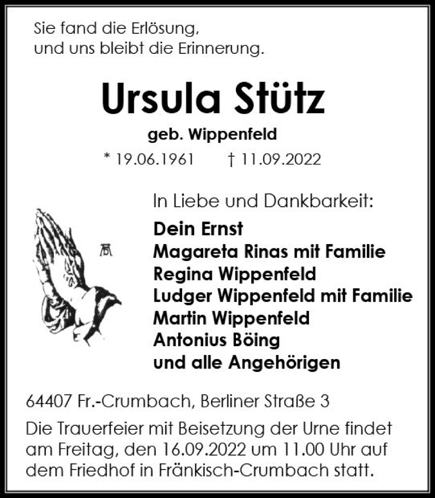  Traueranzeige für Ursula Stütz vom 14.09.2022 aus vrm-trauer Odenwälder Echo