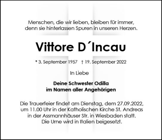 Traueranzeige von Vittore DIncau von vrm-trauer Rheingau
