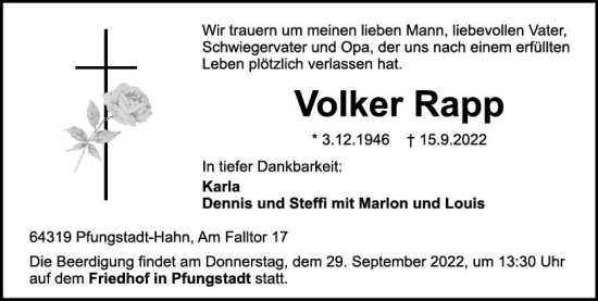 Traueranzeige von Volker Rapp von vrm-trauer Darmstädter Echo