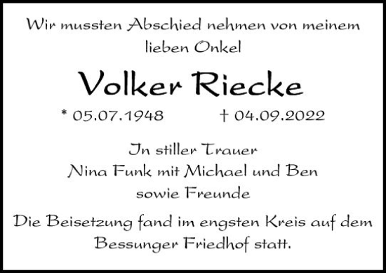 Traueranzeige von Volker Riecke von vrm-trauer Darmstädter Echo