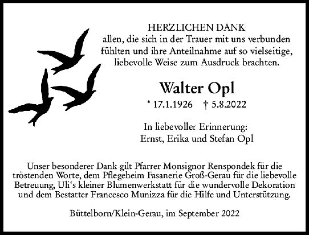  Traueranzeige für Walter Opl vom 03.09.2022 aus vrm-trauer Groß-Gerauer Echo