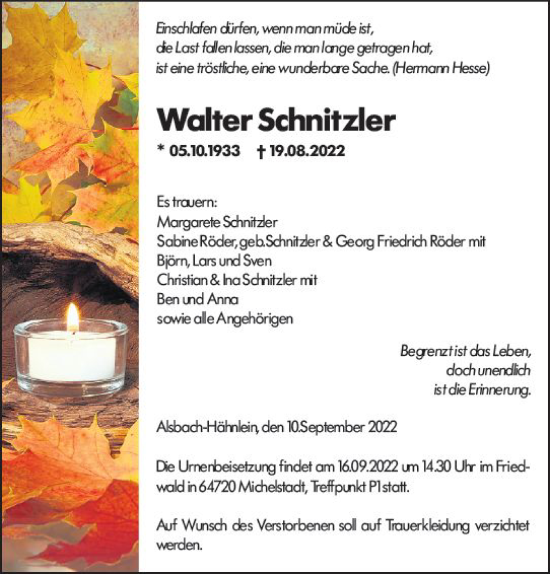 Traueranzeige von Walter Schnitzler von vrm-trauer Darmstädter Echo