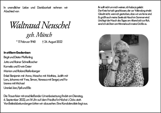 Traueranzeige von Waltraud Neuschel von vrm-trauer Odenwälder Echo