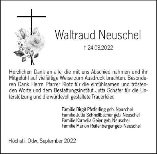 Traueranzeige von Waltraud Neuschel von vrm-trauer Odenwälder Echo