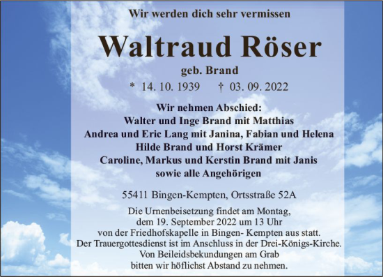 Traueranzeige von Waltraud Röser von vrm-trauer Allgemeine  Zeitung Ingelheim-Bingen