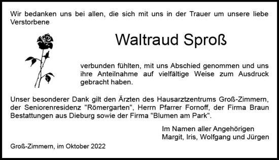 Traueranzeige von Waltraud Sproß von vrm-trauer DieburgerAnzeiger/Groß-Zimmerner Lokala
