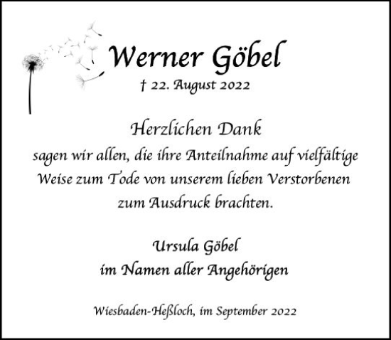 Traueranzeige von Werner Göbel von vrm-trauer Wiesbadener Kurier