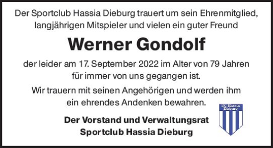 Traueranzeige von Werner Gondolf von vrm-trauer DieburgerAnzeiger/Groß-Zimmerner Lokala