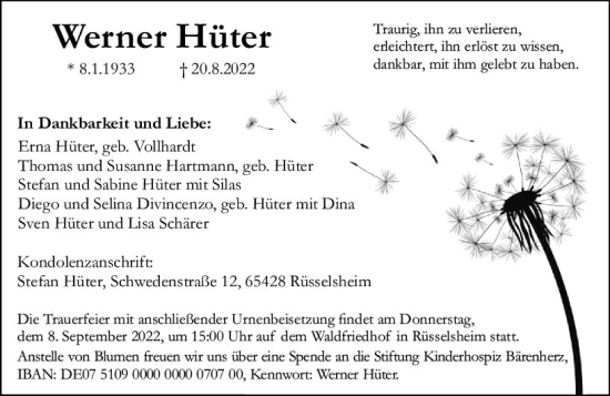 Traueranzeige von Werner Hüter von vrm-trauer Rüsselsheimer Echo / MainSpitze