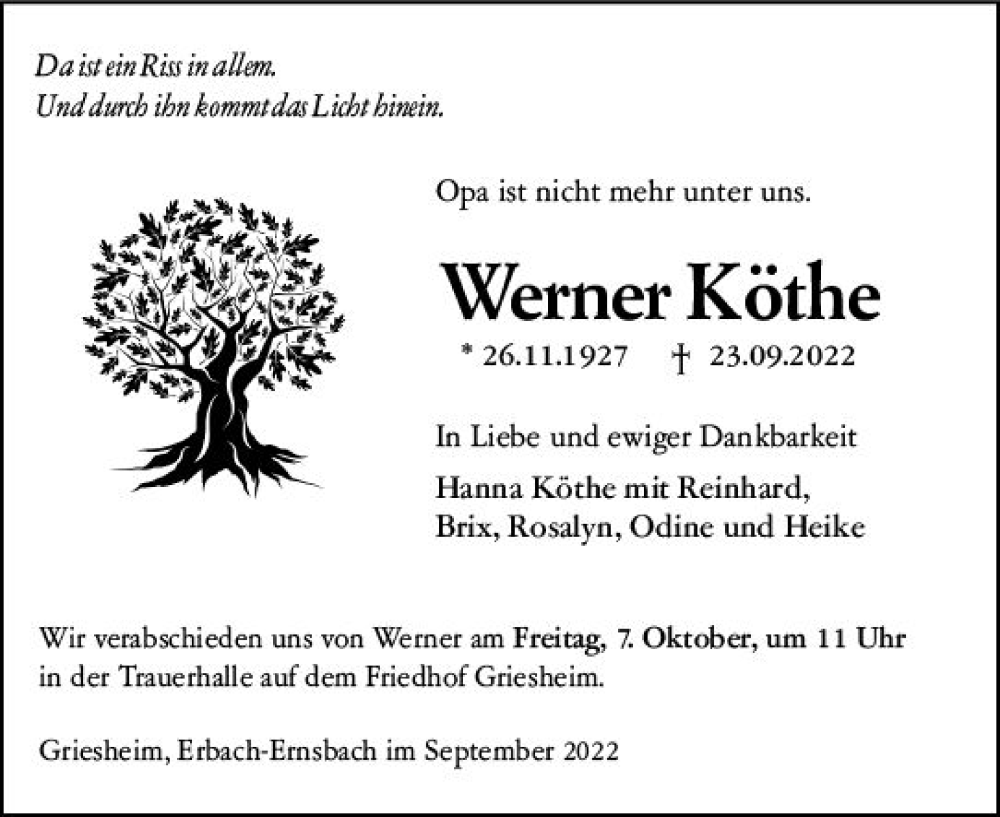  Traueranzeige für Werner Köthe vom 01.10.2022 aus vrm-trauer Odenwälder Echo