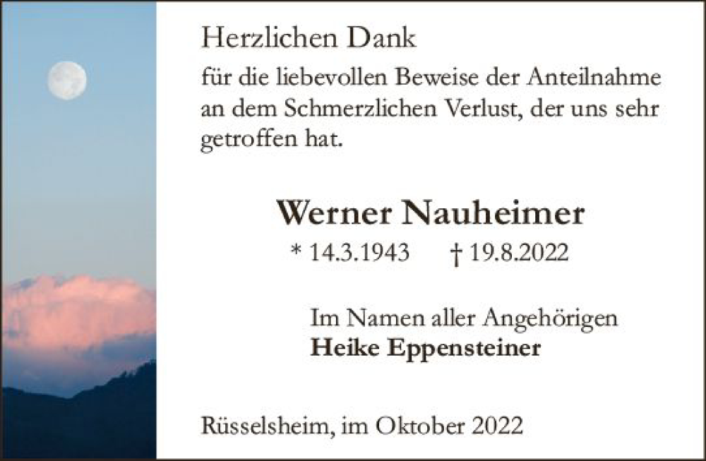  Traueranzeige für Werner Nauheimer vom 01.10.2022 aus vrm-trauer Rüsselsheimer Echo / MainSpitze
