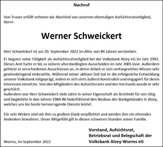 Traueranzeige von Werner Schweickert von vrm-trauer Allgemeine Zeitung Alzey